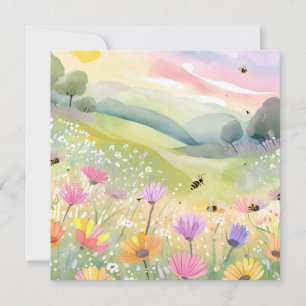 Spring Bees Flower Fields   Floral Colourful Natur Card