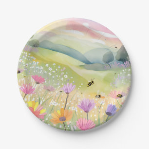 Spring Bees Flower Fields   Floral Colourful Natur Paper Plate