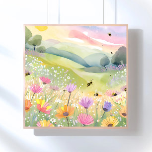 Spring Bees Flower Fields   Floral Colourful Natur Poster