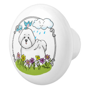 Spring Bichon Frise Dog with Flowers - Cute Ceramic Knob