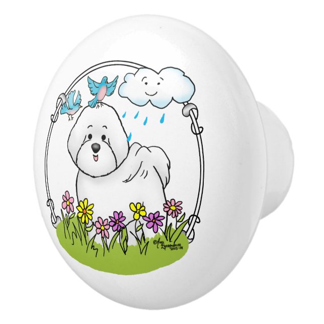 Spring Bichon Frise Dog with Flowers - Cute Ceramic Knob (Right)