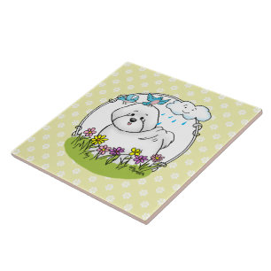 Spring Bichon Frise Dog with Flowers - Cute Ceramic Tile