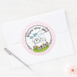 Spring Bichon Frise Dog with Flowers - Cute Classic Round Sticker