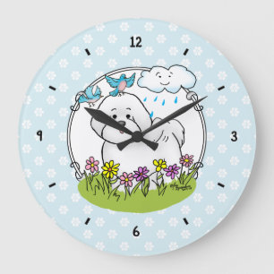 Spring Bichon Frise Dog with Flowers - Cute Large Clock