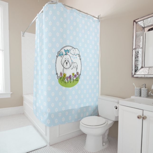 Spring Bichon Frise Dog with Flowers - Cute Shower Curtain (In Situ)