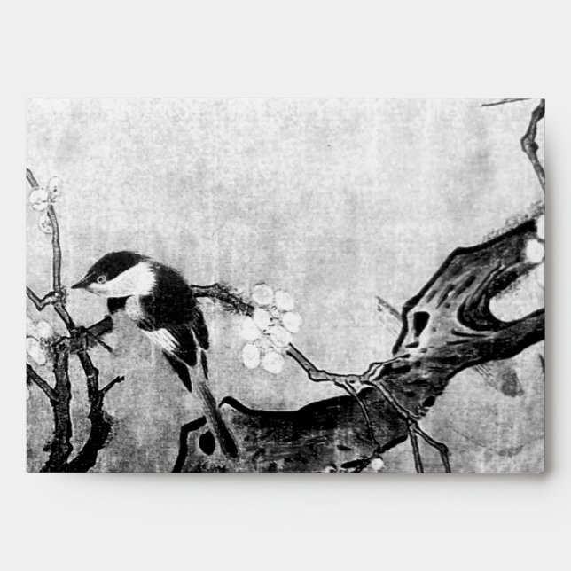 SPRING BIRD AND FLOWER TREE Black White Envelopes (Front)