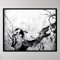SPRING BIRD AND FLOWER TREE Black White Grey