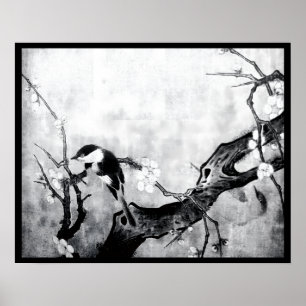 SPRING BIRD AND FLOWER TREE Black White Grey Poster