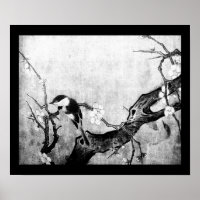 SPRING BIRD AND FLOWER TREE Black White Grey