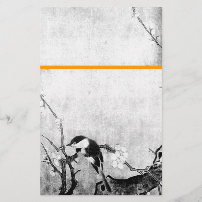 SPRING BIRD AND FLOWER TREE Black White Orange Stationery (Front)