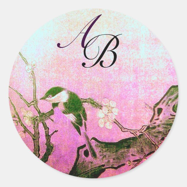 SPRING BIRD AND FLOWER TREE MONOGRAM Pink Fuchsia Classic Round Sticker (Front)