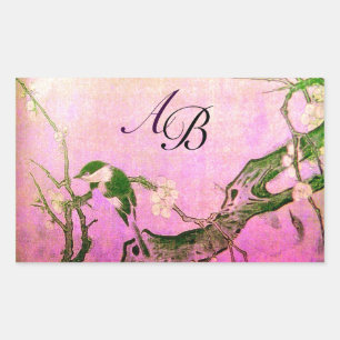 SPRING BIRD AND FLOWER TREE MONOGRAM Pink Fuchsia Rectangular Sticker