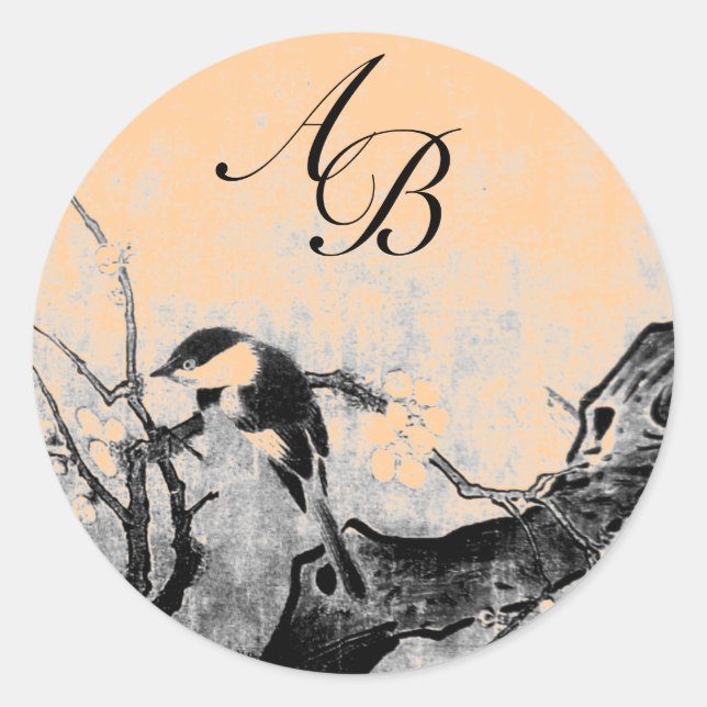 SPRING BIRD AND FLOWER TREE MONOGRAM Pink Orange Classic Round Sticker (Front)