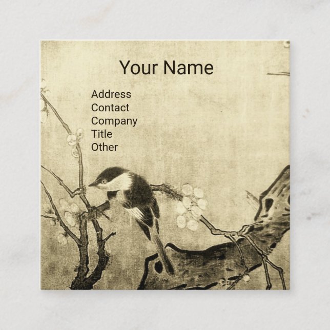 SPRING BIRD AND FLOWER TREE MONOGRAM Sepia Brown Square Business Card (Front)