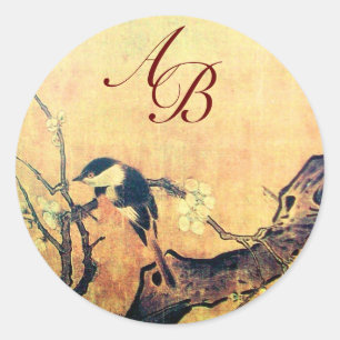 SPRING BIRD AND FLOWER TREE MONOGRAM Yellow Brown Classic Round Sticker