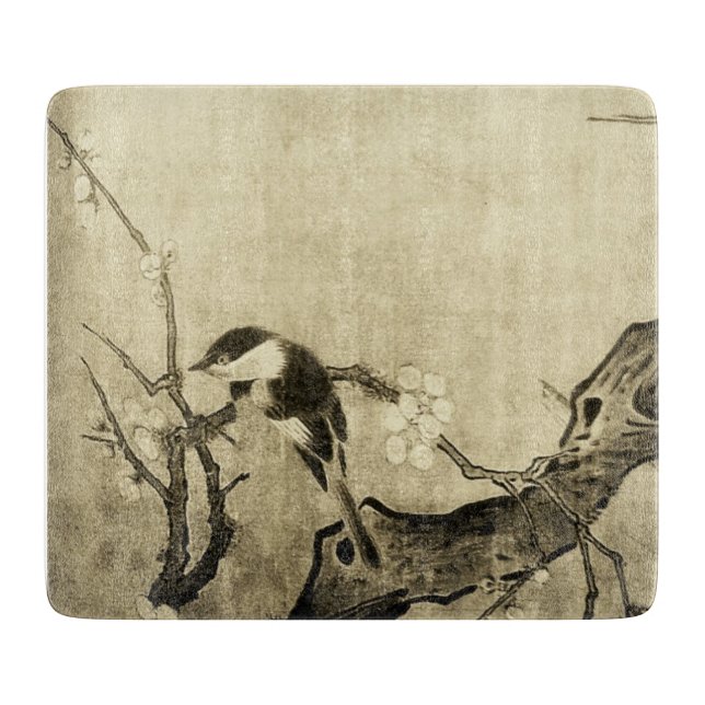 SPRING BIRD AND FLOWER TREE ,Sepia Brown Floral Cutting Board (Front)