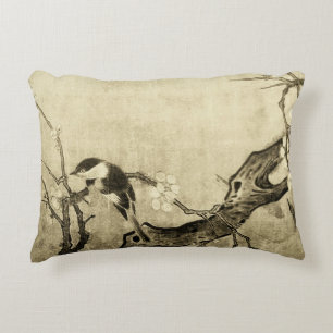 SPRING BIRD AND FLOWER TREE ,Sepia Brown Floral Decorative Cushion