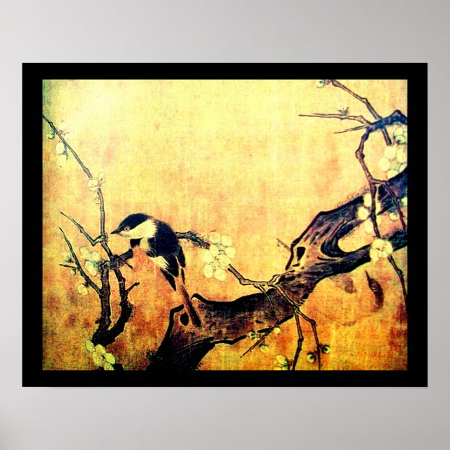 SPRING BIRD AND FLOWER TREE Yellow Brown Black Poster (Front)