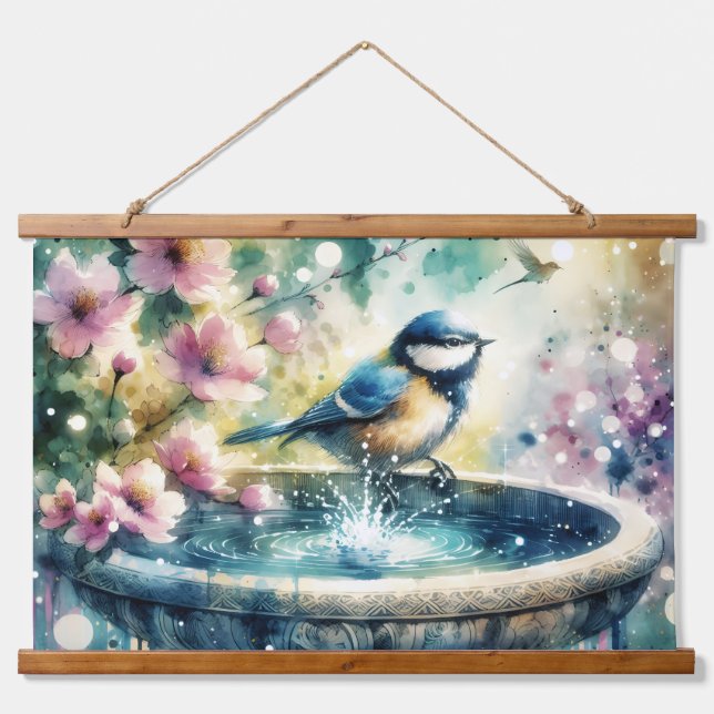 Spring Bird Bath Watercolor  Hanging Tapestry (Front)