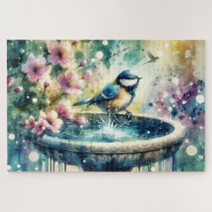 Spring Bird Bath Watercolor Jigsaw Puzzle