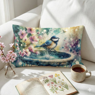 Spring Bird Bath Watercolor Lumbar Cushion