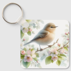 Spring Bird Cherry Blossom Floral Watercolor Key Ring