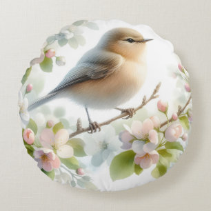 Spring Bird Cherry Blossom Floral Watercolor Round Cushion