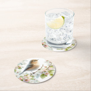 Spring Bird Cherry Blossom Floral Watercolor Round Paper Coaster