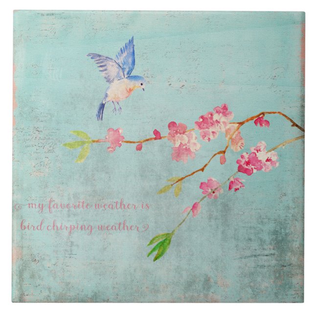 Spring Bird Floral Cherryblossom Weather Blue Ceramic Tile (Front)
