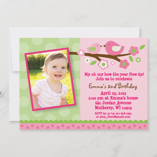 Spring Bird Flower Photo Birthday Invitations (Front)
