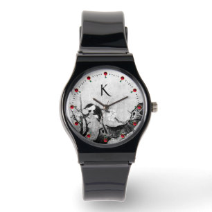 SPRING BIRD,FLOWER TREE Black White Monogram Watch