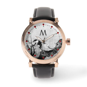 SPRING BIRD,FLOWER TREE Black White Monogram Watch