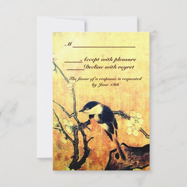 SPRING BIRD,FLOWER TREE MONOGRAM YELLOW BROWN RSVP CARD (Front)