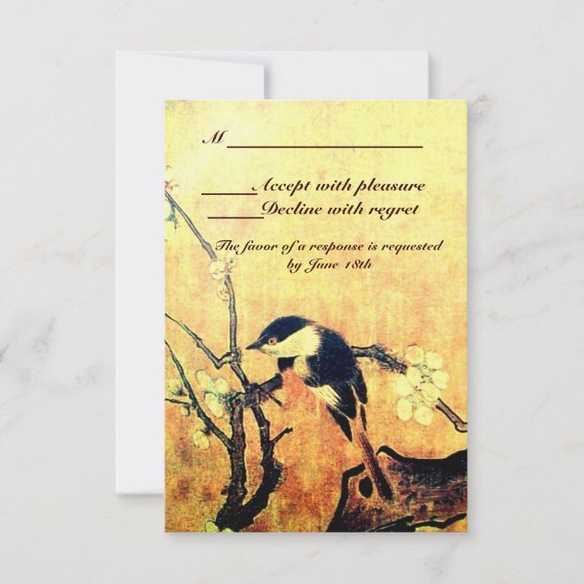 SPRING BIRD,FLOWER TREE MONOGRAM YELLOW BROWN RSVP CARD (Front)