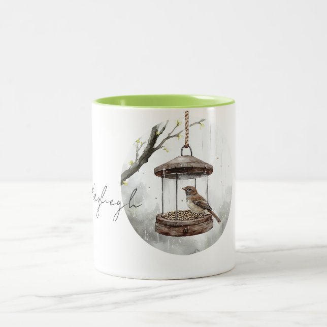 Spring Bird in Bird Feeder   Two-Tone Coffee Mug (Center)