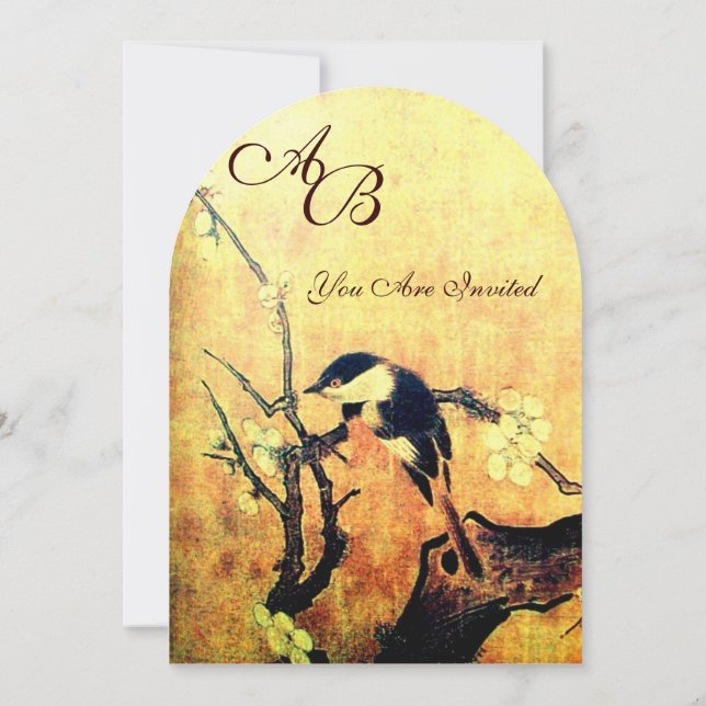 SPRING BIRD MONOGRAM ,Gold Yellow Brown Invitation (Back)