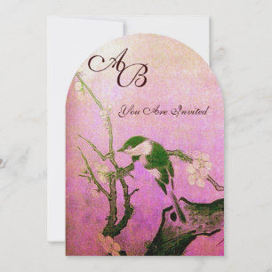 SPRING BIRD MONOGRAM Pink Fuchsia White Brown Invitation