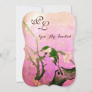 SPRING BIRD MONOGRAM Pink Fuchsia White Brown Invitation