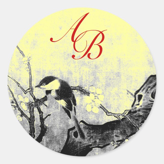 SPRING BIRD MONOGRAM,Yellow Classic Round Sticker (Front)