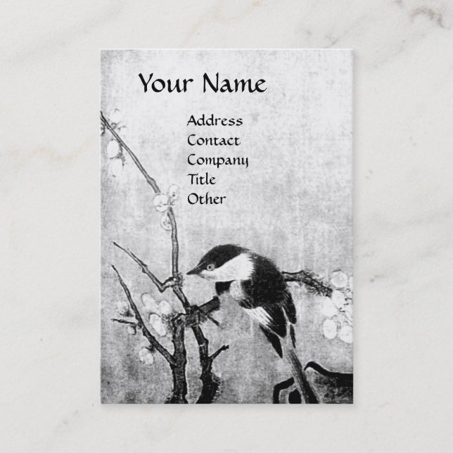 SPRING BIRD ON THE FLOWER TREE black and white Business Card (Front)