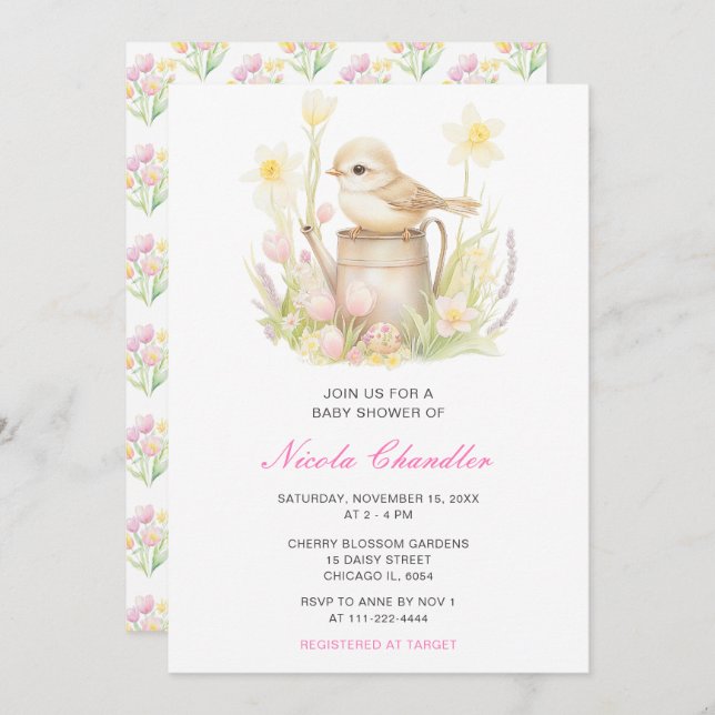 Spring Bird Watering Can Baby Shower Invitation (Front/Back)
