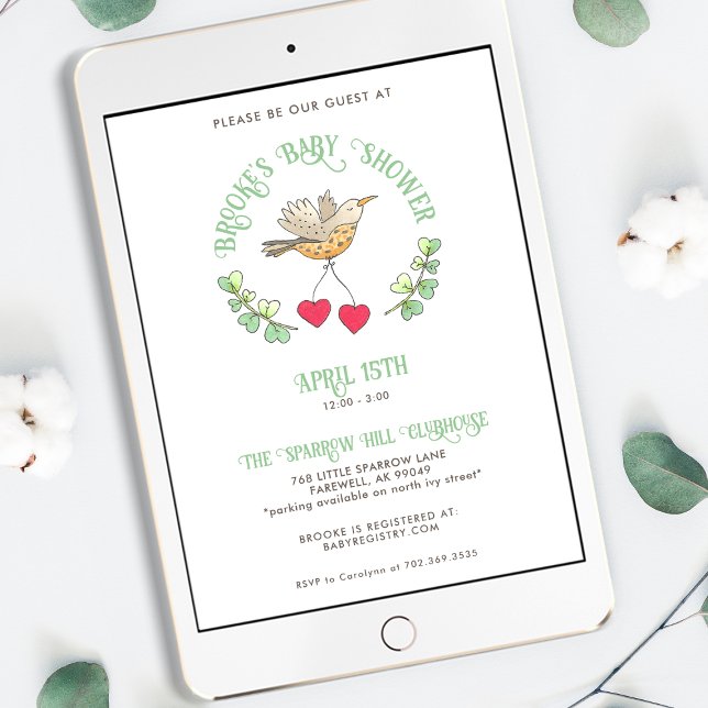 Spring Bird with Hearts Cute Baby Shower Invitation (Creator Uploaded)
