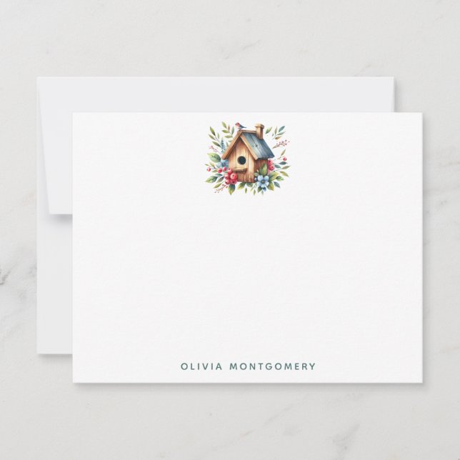 Spring Birdhouse and Wildflowers Custom Name Card (Front)