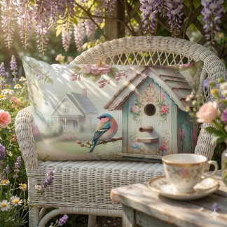 Spring Birdhouse With Pastel Flowers And Bird Lumbar Cushion