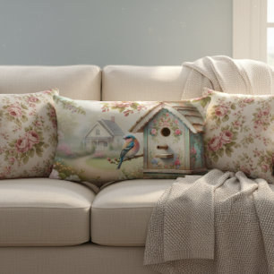 Spring Birdhouse With Pastel Flowers And Bird Lumbar Cushion