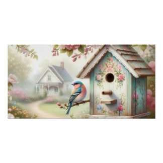 Spring Birdhouse With Pastel Flowers And Bird Poster