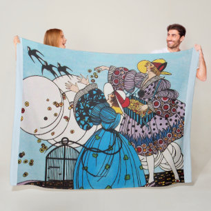 SPRING BIRDS AND LADIES ,ART DECO BEAUTY FASHION FLEECE BLANKET