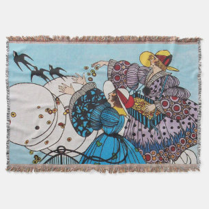 SPRING BIRDS AND LADIES ,ART DECO BEAUTY FASHION THROW BLANKET