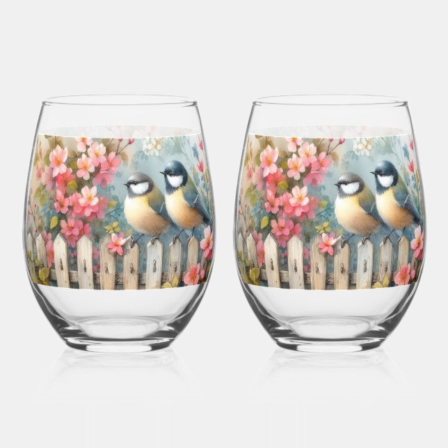 Spring Birds & Blooms Stemless Wine Glass (Front)