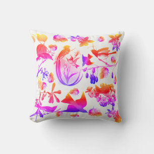 SPRING BIRDS ,FEATHERS AND FRUITS Floral Pink Blue Cushion